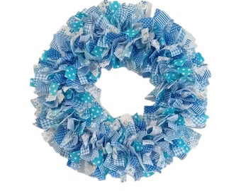 Blue Rag Wreath No2. Wall Mounted. Patterned Cotton Material. 40cm x 40cm.