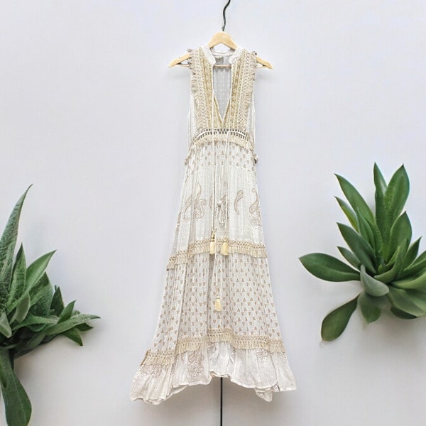 Boho Dress Women, White Maxi Dress, Bohemian Dress, Off White Maxi Dress, Gold Embroidery detail, summer dress beach dress