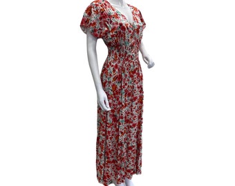 Red Floral Summer Dress, Womens Wear, Maxi Dress, Beach Dress, One Size Dress, V Neck Dress, Boho Dress,