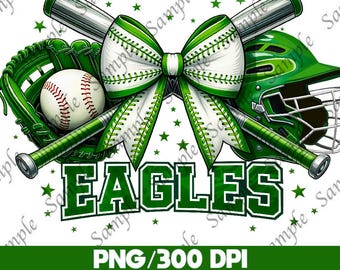 Eagles Baseball Bow PNG, Green Team Spirit Clipart, Baseball Mom Design, Game Day Sublimation