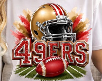 49ers Football Helmet PNG, Red Gold Glitter Football Shirt Design, Game Day Sublimation