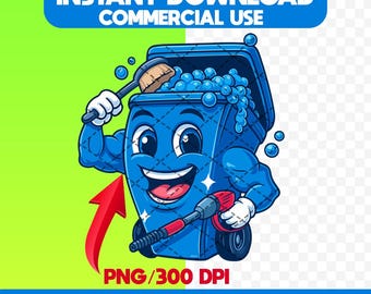 Cleaning Bin Service PNG | Trash Can Mascot Logo | Garbage Bin Janitorial Cartoon