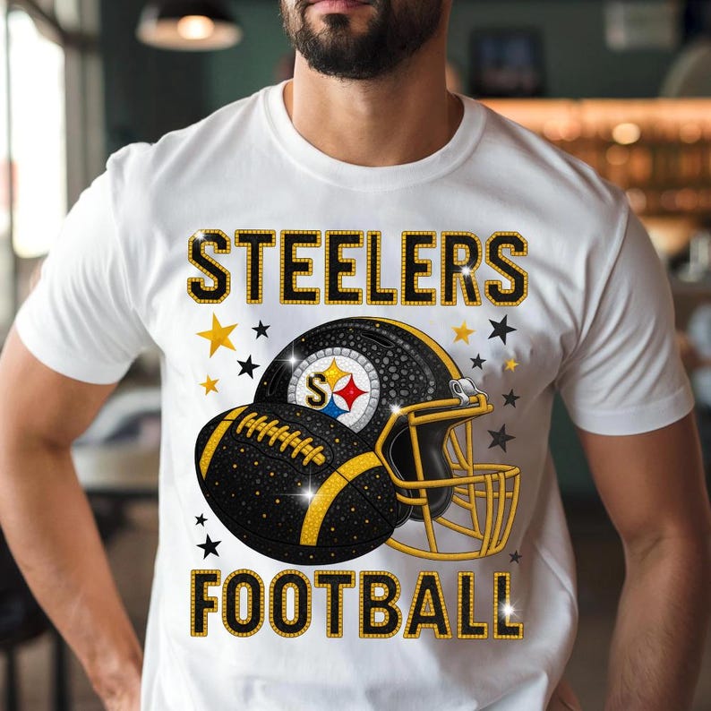 This Pittsburgh football T-shirt design brings glitter-style energy with a black and gold helmet and ball. Ideal for passionate game day lovers, sports events, tailgates, and fan gear. A great choice for anyone who supports their city and wants a unique, eye-catching look.