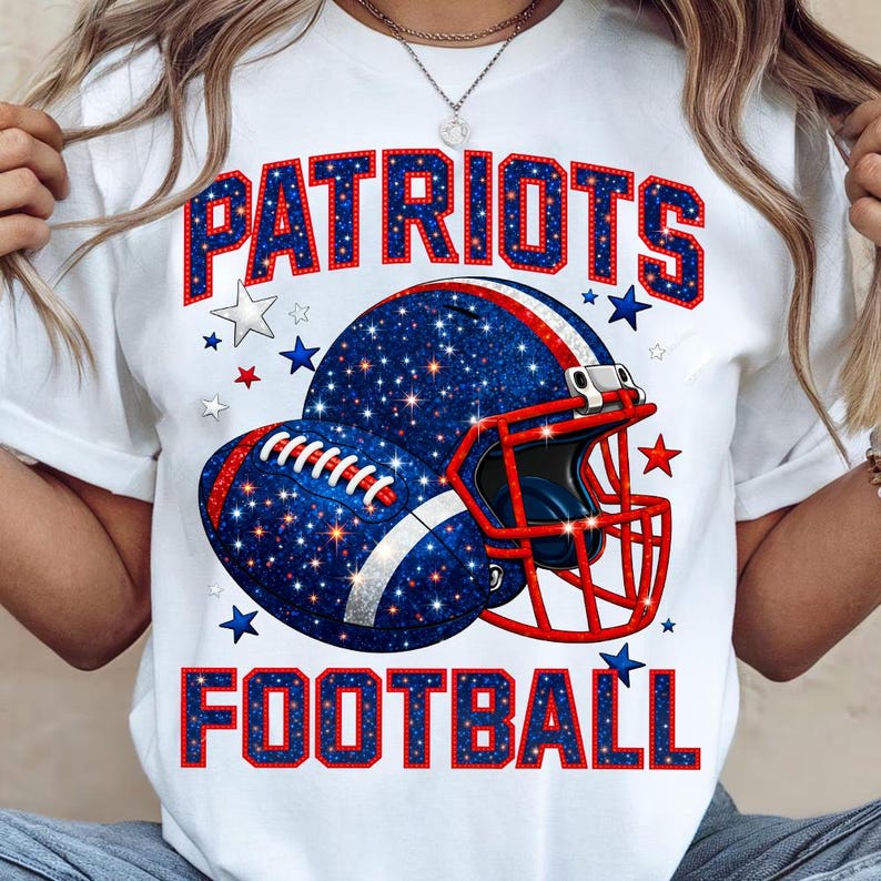 Patriots game day t shirt design featuring bold football inspired artwork and strong athletic style. Perfect for football fans looking for game day apparel with patriots themed colors. Ideal for wearing to football games, watch parties, tailgates, and sports events. High quality design made for sublimation, DTG, and print on demand shirts, hoodies, and sweatshirts with a clean modern football look.