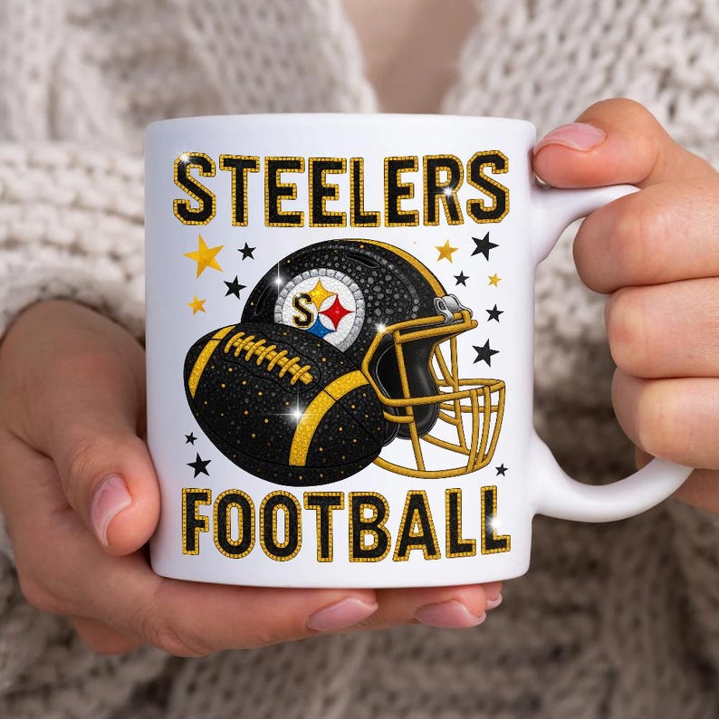 Enjoy your morning coffee with Pittsburgh pride using this black and gold football-themed mug design. Featuring a sparkling helmet and ball, it’s perfect for game day fans, office use, tailgates, or gifting to any Pittsburgh supporter who loves bold, stylish sports drinkware.