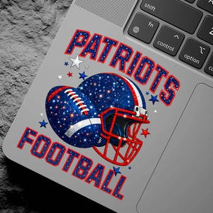 Patriots game day football sticker design with bold colors and energetic sports theme. Perfect for decorating laptops, water bottles, notebooks, planners, coolers, and game day accessories. High quality artwork suitable for vinyl sticker printing and personal use. A fun football fan sticker for tailgating, watch parties, and showing game day spirit.