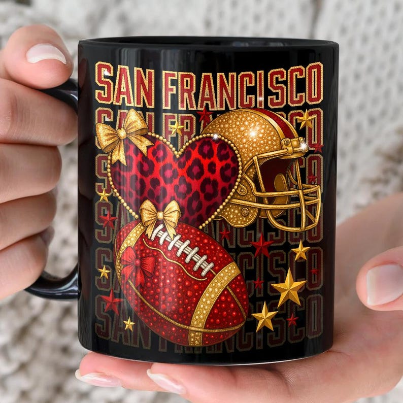 This San Francisco Football mug design features a stylish leopard coquette helmet heart with elegant bows and red-and-gold glam details. Perfect for Sunday Football Moms and football lovers who enjoy their coffee while cheering on game day. This design looks beautiful on ceramic mugs, travel cups, and gift mugs, making it a great choice for football season gifts, game day mornings, and sports mom collections.