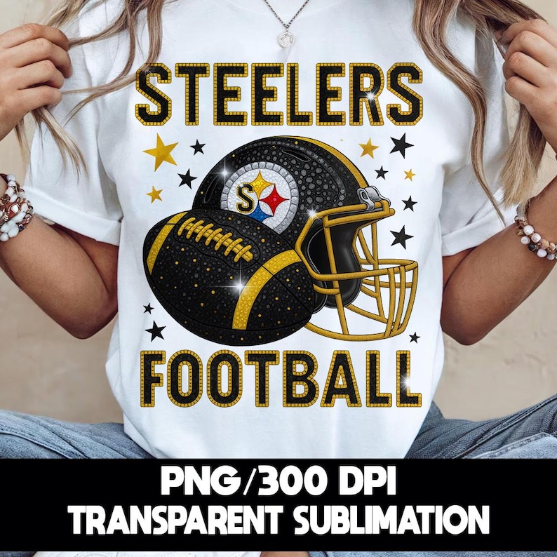 Show your Pittsburgh football pride with this bold black and gold design featuring a sparkling helmet and football. Perfect for game day fans who want a stylish sports T-shirt that stands out. Great for tailgates, playoffs, cheering, or gifting to any Pittsburgh supporter.