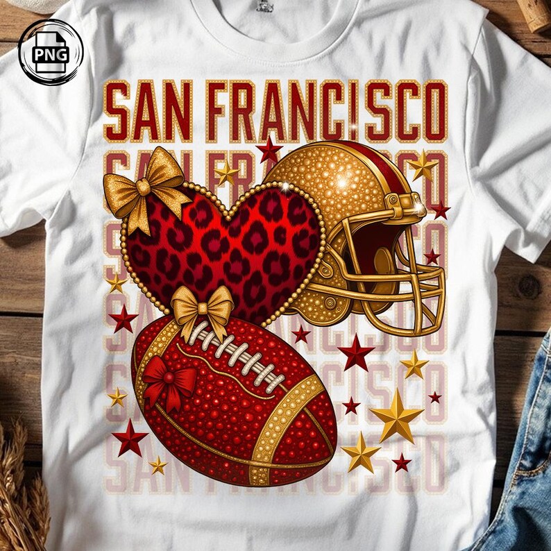 Show your game day spirit with this San Francisco Football T-shirt design in a trendy leopard coquette style. Featuring a football helmet heart, bows, and sparkling red and gold elements, this artwork is perfect for Football Moms, Sunday football outfits, tailgate parties, and everyday wear. Designed for sublimation and print-on-demand, it works great on t-shirts, hoodies, sweatshirts, and game day apparel.