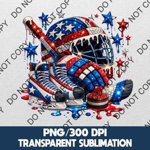 Patriotic Hockey PNG digital download featuring red white blue ice skate and helmet design. High resolution 300 DPI transparent background file perfect for sublimation, print on demand, stickers, shirts and DIY sports fan creations.