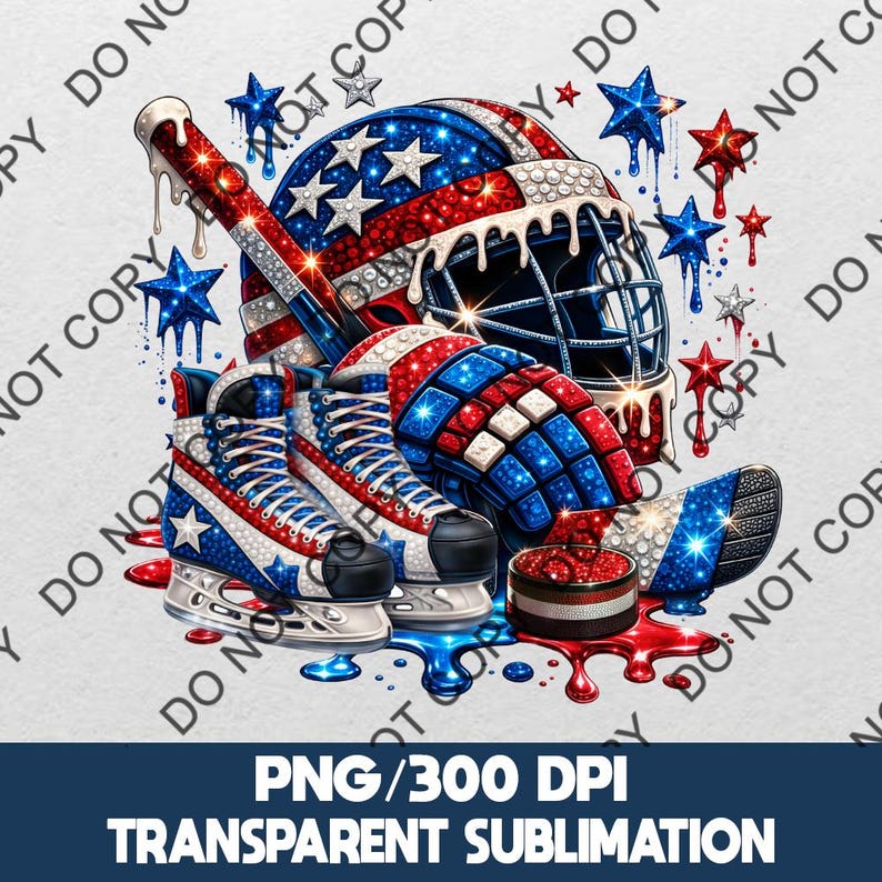 Patriotic Hockey PNG digital download featuring red white blue ice skate and helmet design. High resolution 300 DPI transparent background file perfect for sublimation, print on demand, stickers, shirts and DIY sports fan creations.