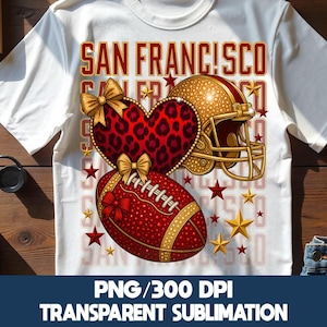 Show your game day spirit with this San Francisco Football T-shirt design in a trendy leopard coquette style. Featuring a football helmet heart, bows, and sparkling red and gold elements, this artwork is perfect for Football Moms, Sunday football outfits, tailgate parties, and everyday wear. Designed for sublimation and print-on-demand, it works great on t-shirts, hoodies, sweatshirts, and game day apparel.