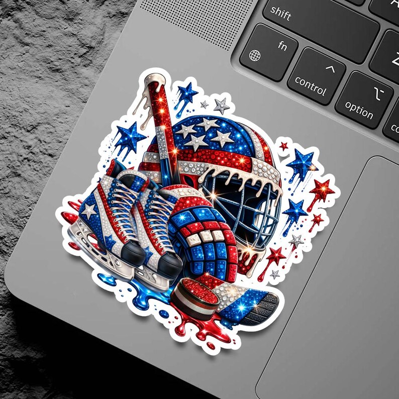 Patriotic Hockey Sticker Design with red white blue helmet, skates and puck artwork. Perfect for water bottles, laptops, tumblers, scrapbooking and sports fan decals. High resolution printable graphic for hockey lovers and USA themed projects.