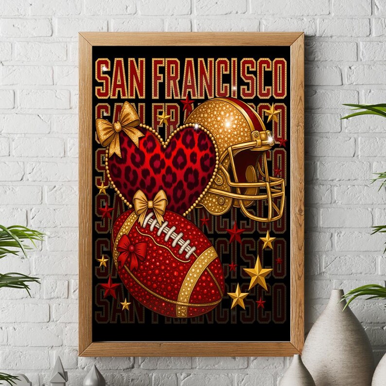 Add a unique sports touch to your home with this San Francisco Football wood frame design in a chic leopard coquette style. The football helmet heart and red-and-gold glam details make it a beautiful decorative piece for living rooms, game rooms, offices, or football-themed spaces. Perfect as a gift for Football Moms or as stylish sports wall décor.