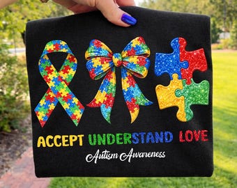 Autism Awareness PNG, Glitter Puzzle Ribbon Bow, Accept Understand Love Design