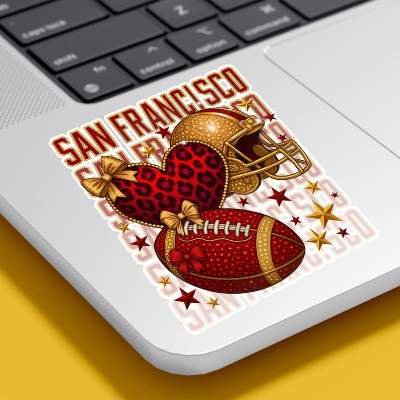 Create eye-catching merch with this San Francisco Football sticker design featuring a leopard coquette helmet heart and glam football details. Perfect for laptops, water bottles, planners, notebooks, and game day accessories, this design appeals to Football Moms, sports fans, and coquette style lovers looking for fun and trendy football stickers.