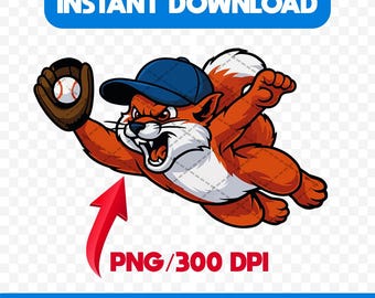 Flying Squirrel Mascot PNG | Baseball Animal Clipart | Sports Team Logo | Digital Download