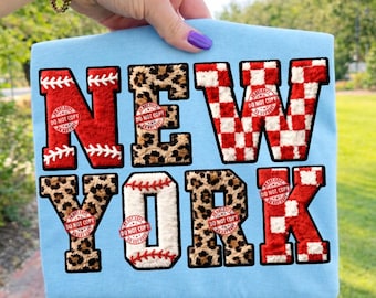 New York Varsity Chenille PNG, Faux Yarn Letters Graphic, NYC Leopard Baseball Stitch Design