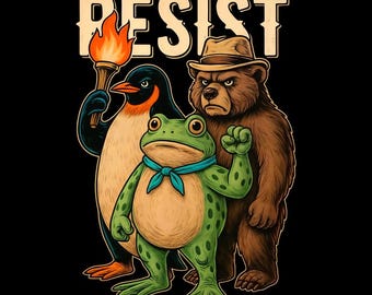 Vintage Resist Animals PNG: Frog, Penguin, Bear Illustration (Digital Download)