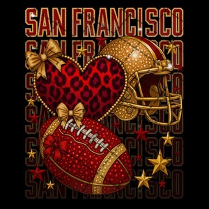 This San Francisco Football poster design brings bold sports energy with a feminine leopard coquette aesthetic. The helmet heart, bows, and glitter-inspired red and gold colors make it a perfect wall art piece for football fans, sports moms, game rooms, bedrooms, or offices. Ideal for posters, wall prints, and decorative football-themed home décor.