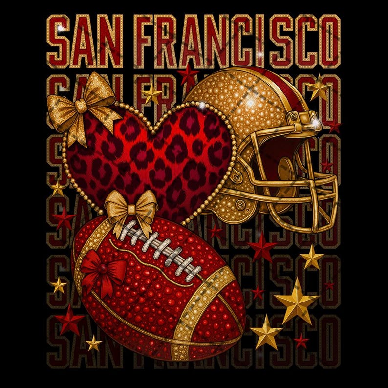 This San Francisco Football poster design brings bold sports energy with a feminine leopard coquette aesthetic. The helmet heart, bows, and glitter-inspired red and gold colors make it a perfect wall art piece for football fans, sports moms, game rooms, bedrooms, or offices. Ideal for posters, wall prints, and decorative football-themed home décor.