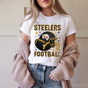 Celebrate your city’s football spirit with this black and gold sparkling T-shirt graphic. Perfect for fans who want bold game day apparel. Great for cheering at home, at the stadium, tailgating, or creating custom shirts for sports lovers in Pittsburgh.