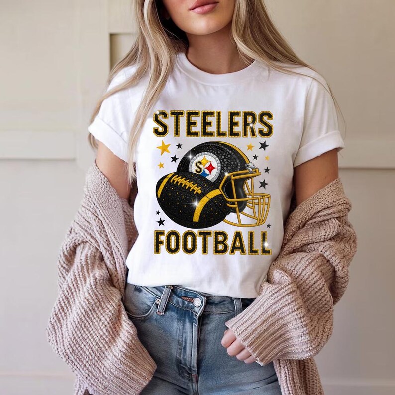 Celebrate your city’s football spirit with this black and gold sparkling T-shirt graphic. Perfect for fans who want bold game day apparel. Great for cheering at home, at the stadium, tailgating, or creating custom shirts for sports lovers in Pittsburgh.