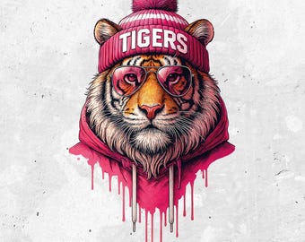 Pink Tiger PNG | Trendy Animal Art, Beanie & Sunglasses (Digital Download)