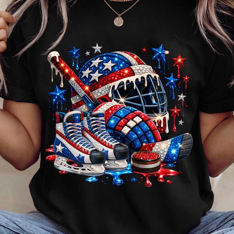 USA Hockey Fan Shirt Graphic with patriotic stars and ice skate illustration. Red white blue sports design made for hockey lovers, team supporters, and American pride events. Great for custom tees, hoodies, and game day outfits.