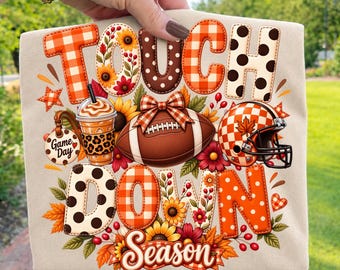 Touchdown Season PNG, Touch Down Fall Football Game Day PNG, Football Season Sublimation, Autumn Football Shirt Design, Orange Plaid PNG