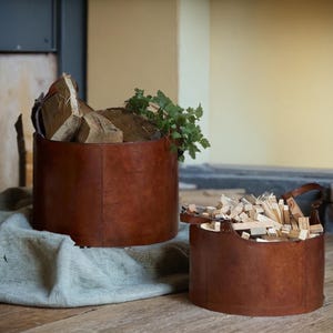 Round Leather Storage Basket, Firewood Leather Basket for Fireplace, Genuine Leather Storage Basket, Leather Log Carrying Basket