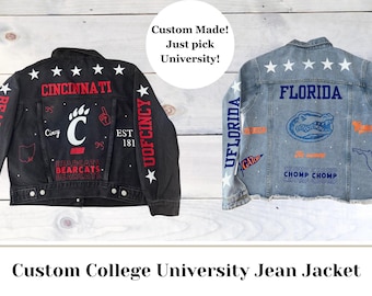 Kundenspezifische Universitäts Jeansjacke. Einzigartiger Stil für Käufer