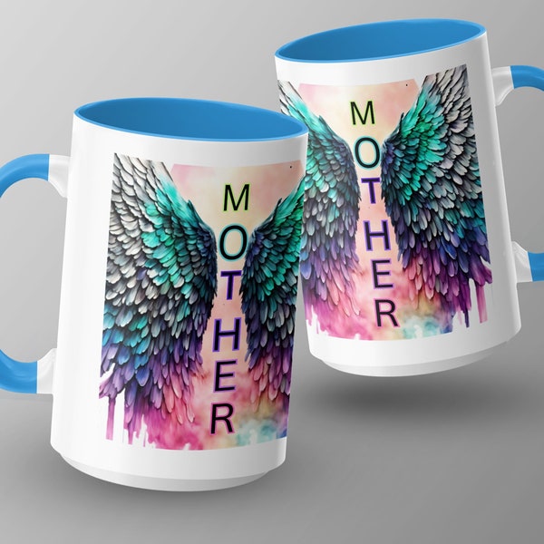 Colorful Angel Wings Mother Text Mug, Inspirational Gift for Mom, Artistic Coffee Cup