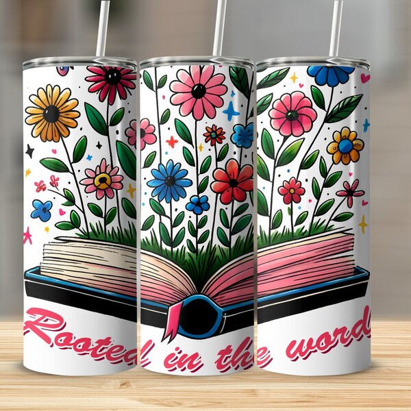 Floral Book Tumbler, Colorful Flowers Sprouting from Open Book, Rooted in the Word, Vibrant Drinkware, Unique Gift Idea, 20oz Insulated Cup