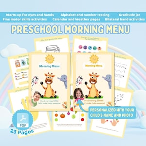 Könnte beinhalten: Ein druckbares Vorschul-Morgenmenü mit 23 Seiten. Das Menü zeigt ein farbenfrohes Design mit einer Giraffe, einem Zebra und einem Elefanten. Das Menü ist personalisiert mit dem Namen und dem Foto des Kindes. Das Menü beinhaltet Aktivitäten wie Aufwärmen für Augen und Hände, Feinmotorik-Aktivitäten, Alphabet- und Zahlen-Nachzeichnen, Kalender- und Wetterseiten, Dankbarkeitsglas und beidseitige Handaktivitäten.
