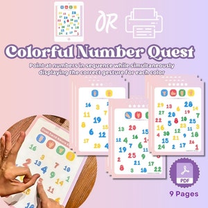 Könnte beinhalten: Neun druckbare Seiten einer farbenfrohen Zahlen-Such-Aktivität. Jede Seite zeigt eine andere Reihe von Zahlen mit entsprechenden Handgesten. Die Seiten sind für neurologische Übungen mit beiden Händen konzipiert.