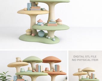May include: A whimsical mushroom-shaped shelf unit in pastel colors. The shelves are arranged in a tiered design, with each level resembling a mushroom cap. The unit is decorated with miniature books, houses, and other decorative items.