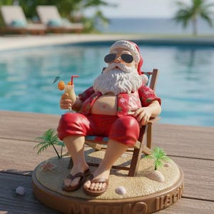 Pode incluir: Uma estatueta do Papai Noel relaxando em uma cadeira de praia, usando óculos de sol e uma camisa havaiana, segurando uma bebida tropical. A base diz "Motto Life". Palmeiras e uma piscina ao fundo.