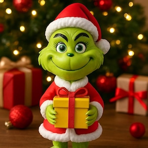 Pode incluir: Uma figura verde do Grinch usando um gorro de Papai Noel e um casaco vermelho com acabamento branco, segurando uma caixa de presente amarela amarrada com uma fita vermelha. Árvore de Natal e presentes ao fundo.