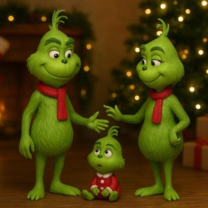 Puede incluir: Tres figuras verdes del Grinch, cada una con una bufanda roja, se juntan en una escena festiva. La familia Grinch posa frente a un árbol de Navidad y una chimenea, con una bola roja y regalos envueltos.