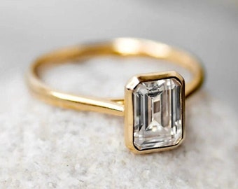 Bezel Set 2 Carat Emerald Cut Moissanite or Lab Diamond Engagement Ring in Solid Gold, Wedding Ring, Anniversary Ring, Promise Ring for Her.