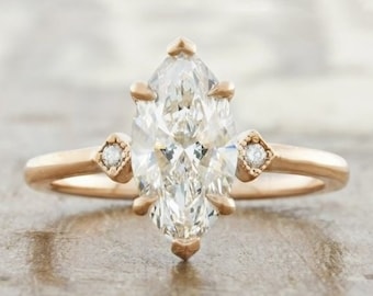 2 CT Vintage Marquise Cut Moissanit Verlobungsring, Ehering, Solid Gold Solitaire Ring, Antique Versprechensring, Brautring für Sie.