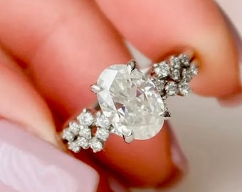 Conjunto de anillos de compromiso Moissanite de corte ovalado de 2 ct, conjunto de anillos de oro sólido de boda nupcial, anillo de promesa de diamantes de laboratorio, regalo de conjunto de anillos de aniversario para ella
