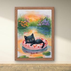 May include: A black cat with white eyes and a pink nose is floating on a pink and white heart-shaped inflatable ring in a pond. The cat is sleeping and the pond is surrounded by green grass and flowers.