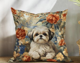 Floral Shih Tzu Pillow: Impressionist Dog Lover Cushion