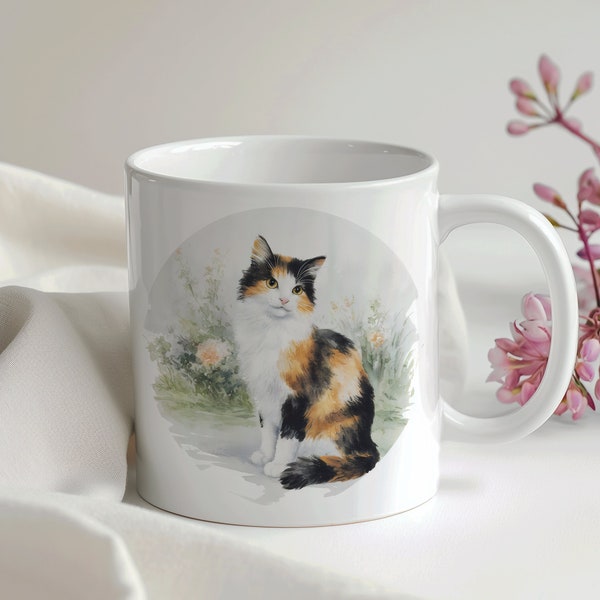 Calico Cat Mug, Monet Style Watercolor Ceramic, Good Luck Charm, 11oz Coffee Cup - Perfect Cat Lover Gift, Father's Day Gift