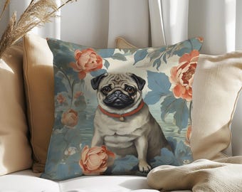 Pug Throw Pillow: Floral Cottagecore Decor