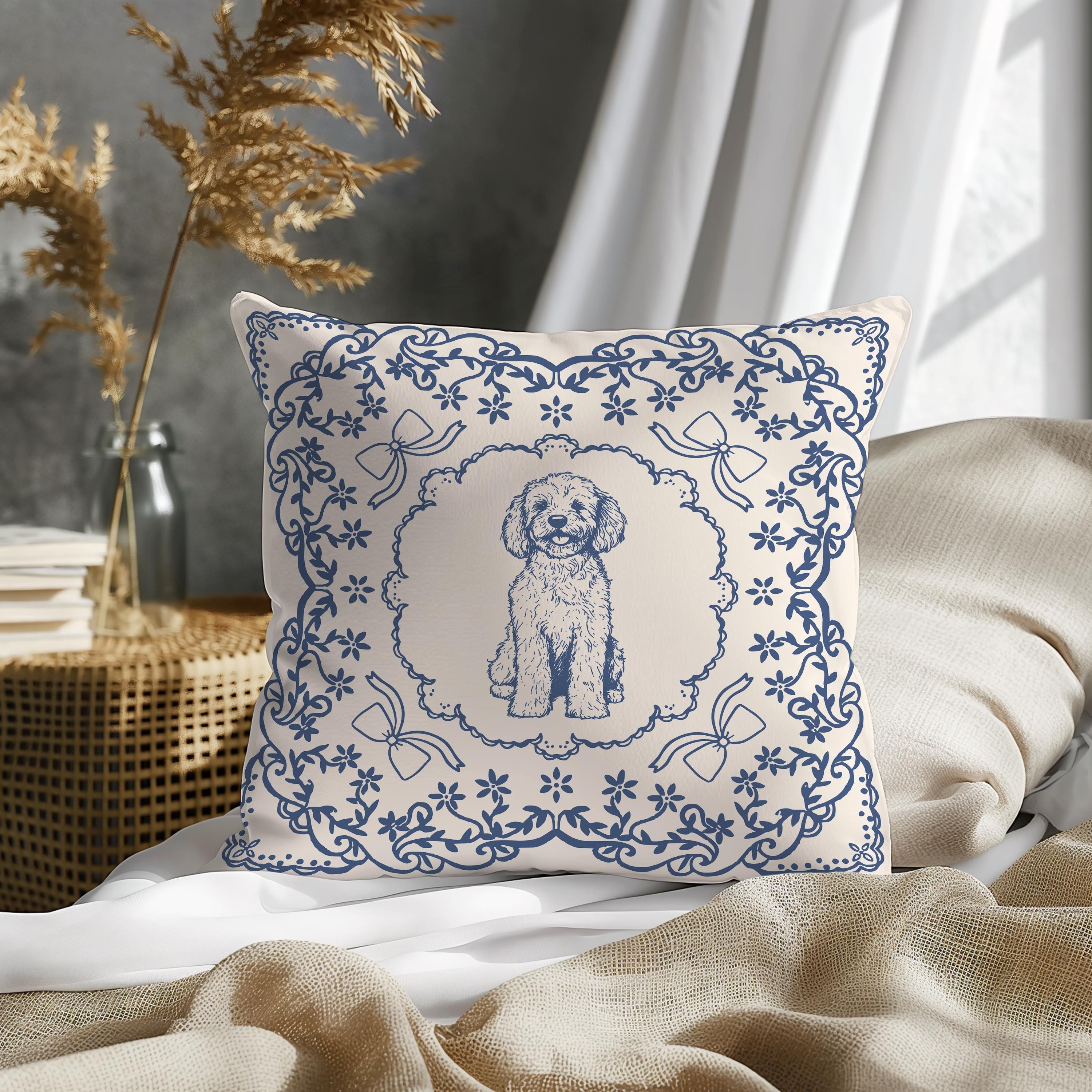 Goldendoodle Throw Pillow: Blue Toile Cottagecore Dog Cushion