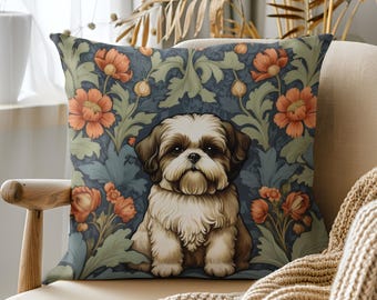 Shih Tzu Throw Pillow: William Morris Floral Dog Cushion