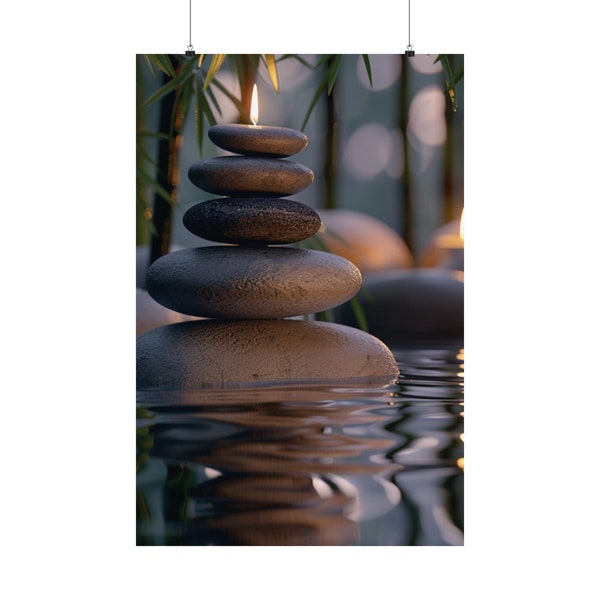 Tranquil Wall Art Zen Stacking Stones - Candlelight Reflections on Water - Poster Print for Serene Home Decor Perfect for Peaceful Ambiance